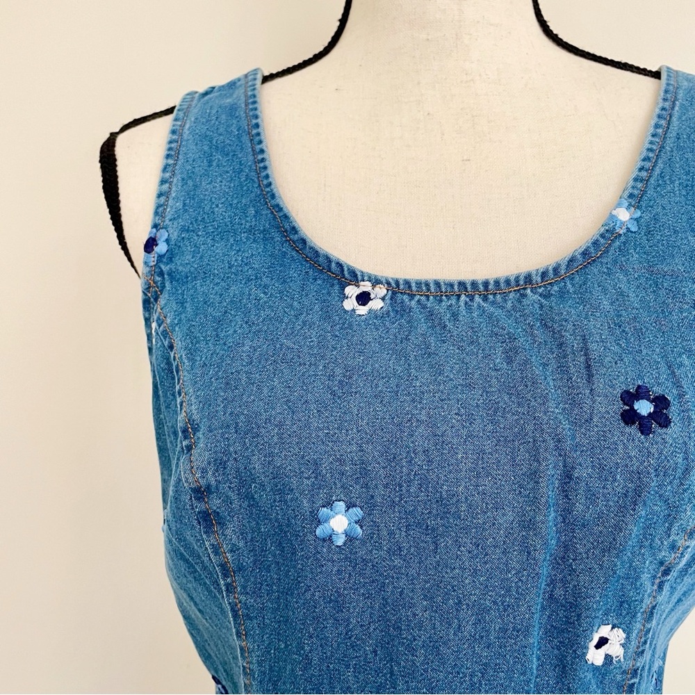 SOLD :: Vintage 90s Floral Embroidery Denim Mini Dress - Picture 4 of 6